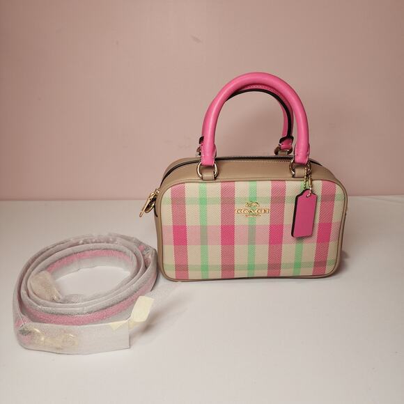 NWT Coach Satchel Crossbody Bag With Plaid Print CBI90 Pink Multi Authentic - Picture 1 of 10